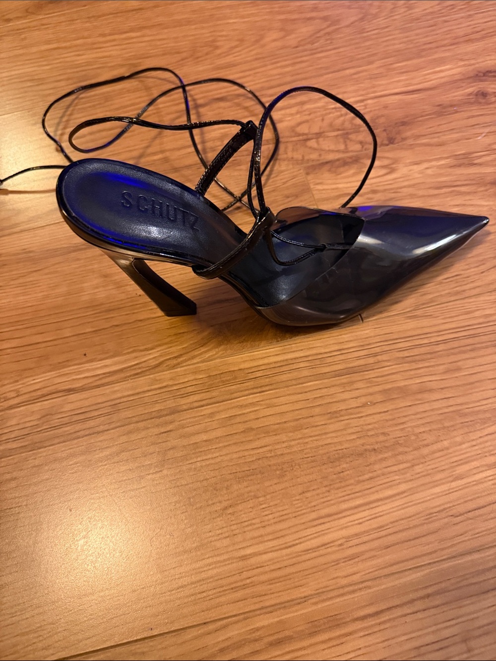 SCHUTZ Black Clear Pointed Lace-Up Heels - Picture 7 of 7